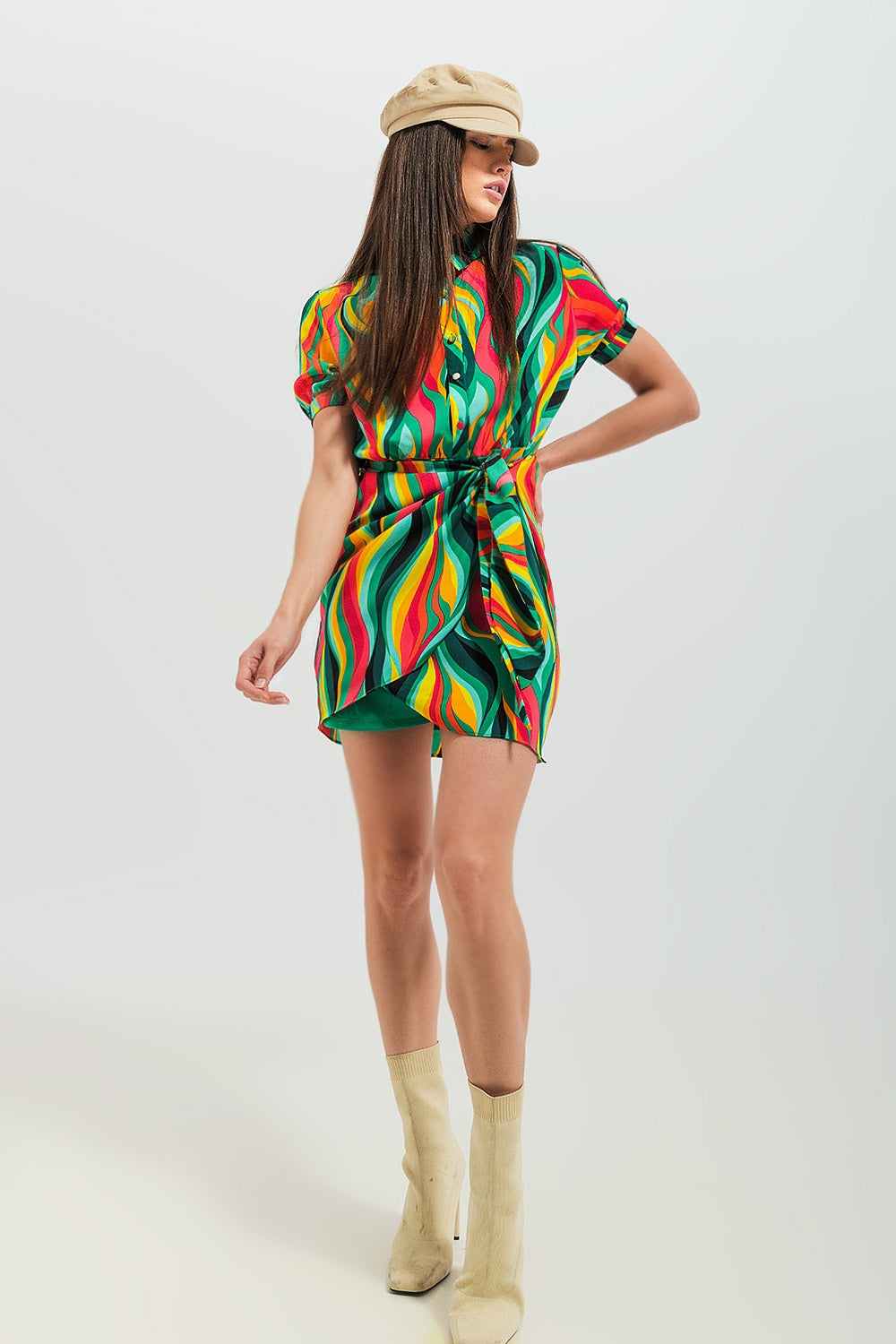 Green Swirl Mini Wrap Shirt Dress