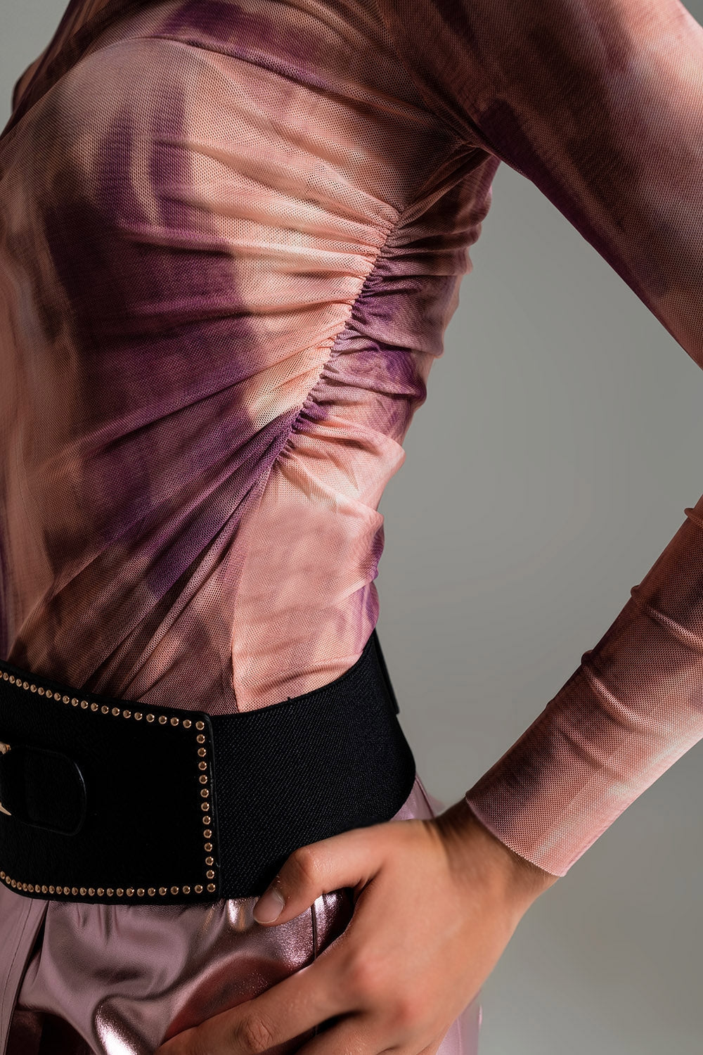 Abstract Pink Rouched Mesh Top