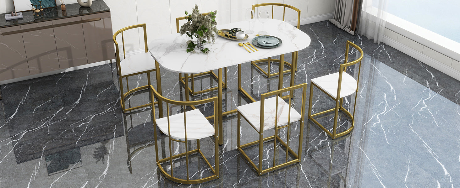 Modern 7-Piece Dining Table Set With Marble | Set for 6