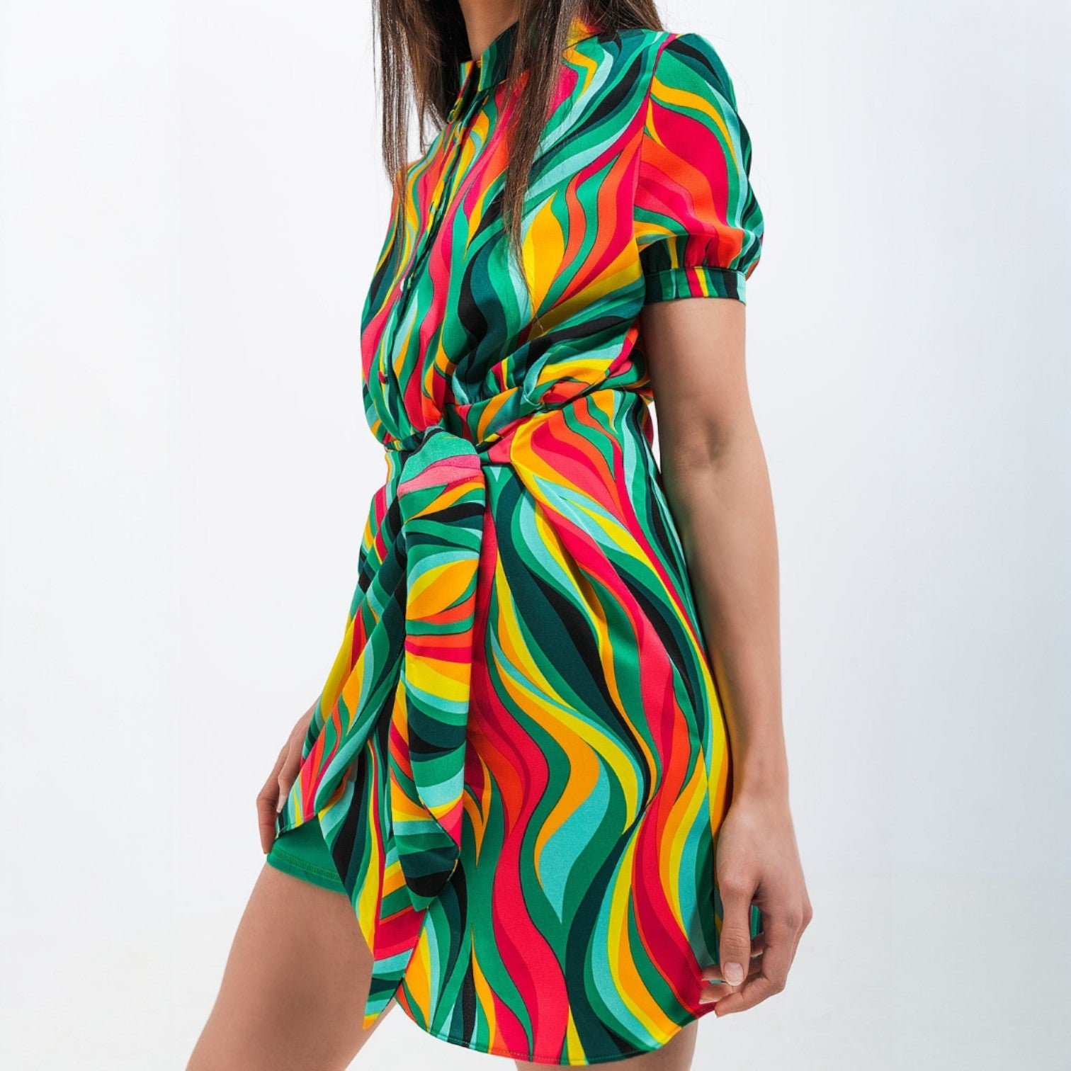 Green Swirl Mini Wrap Shirt Dress