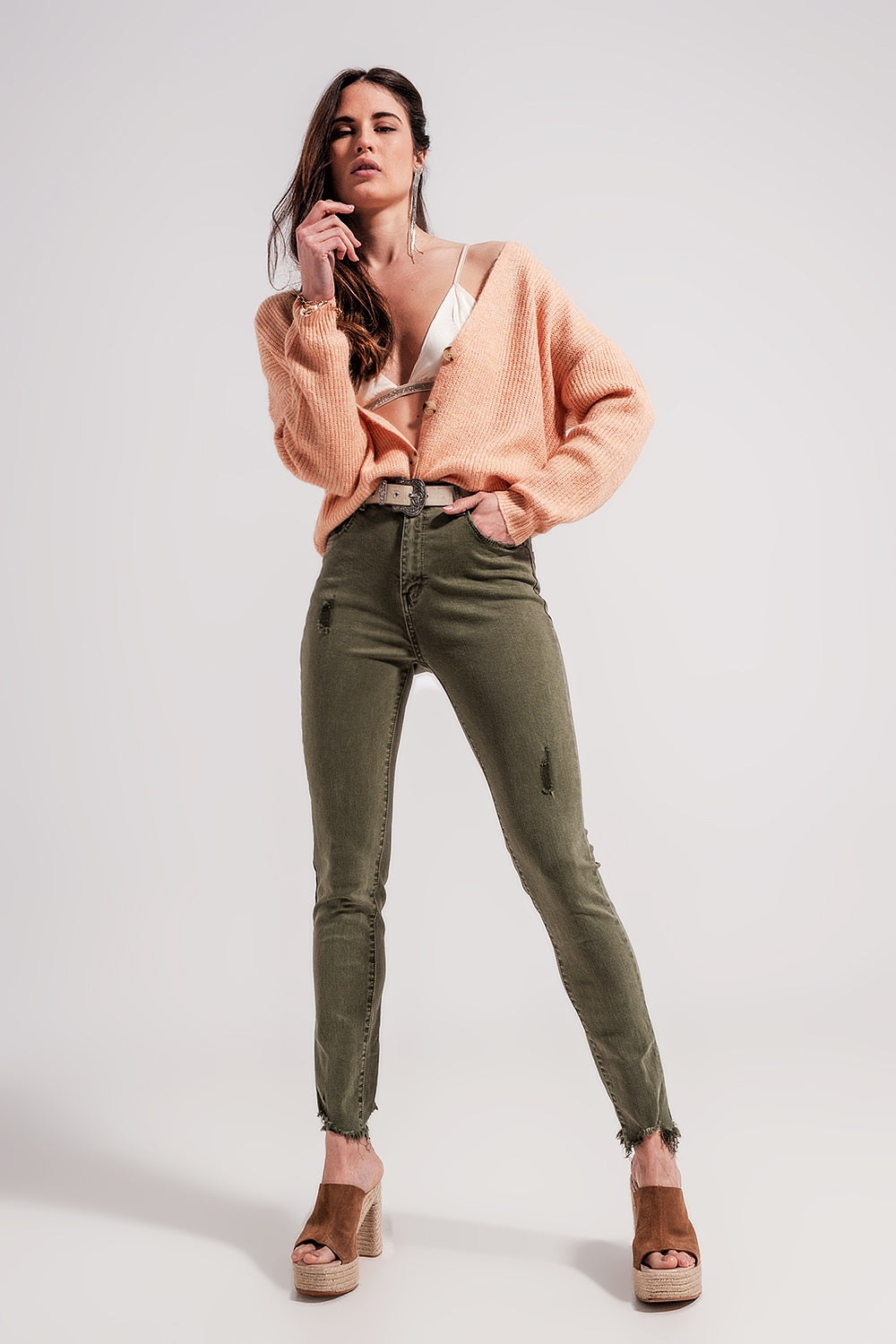 Distressed Skinny Jean | Olive