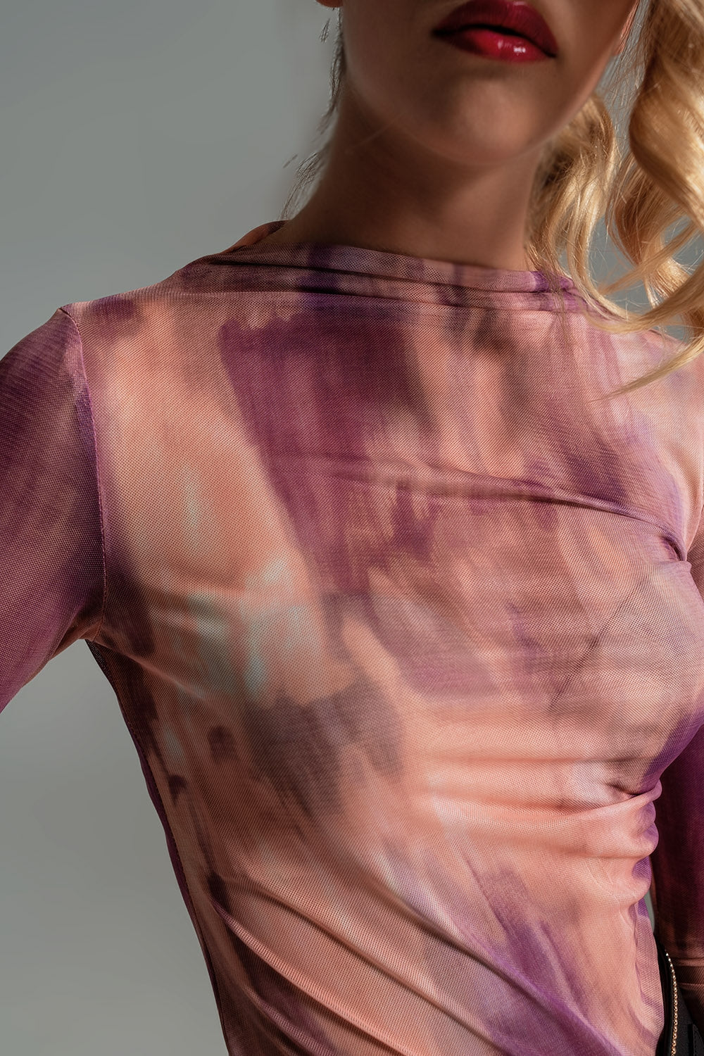 Abstract Pink Rouched Mesh Top