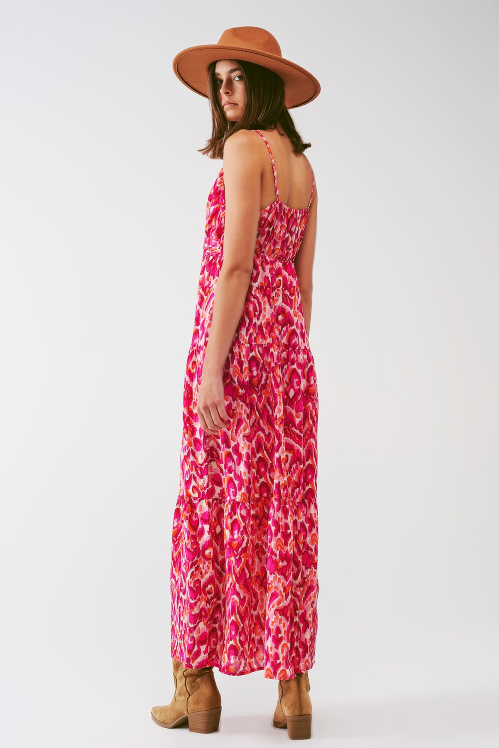 Floral Print Maxi Dress With V Neck in Pink