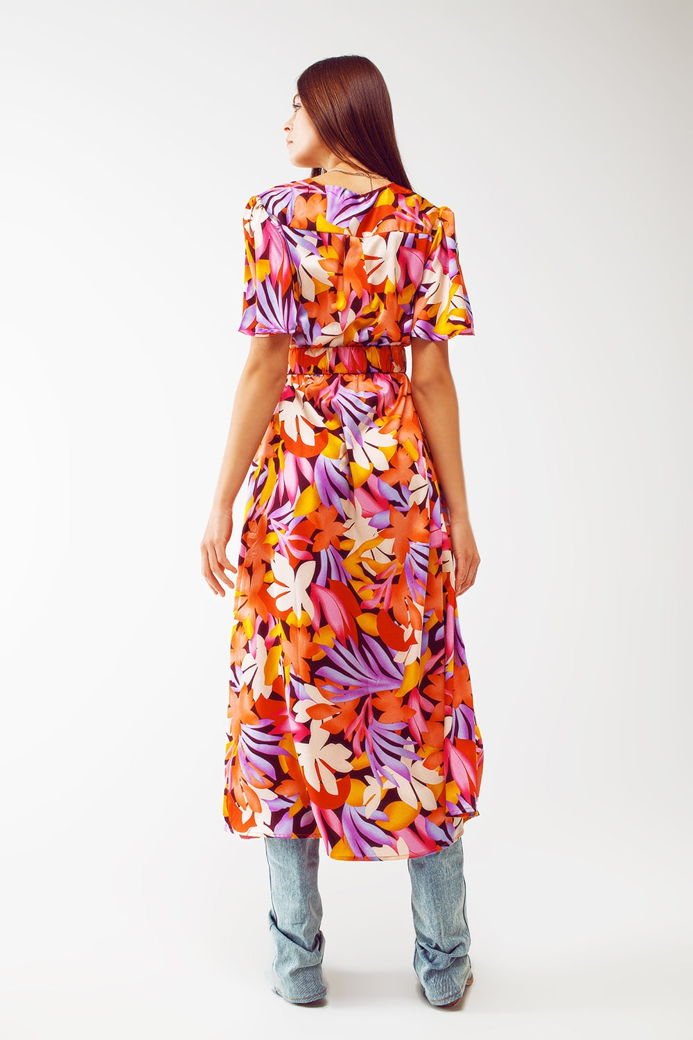 Pleated Maxi V Neck Dress in Multicolour