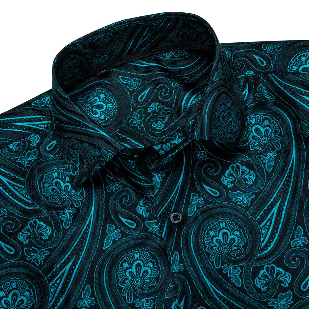 Barry Wang Teal Paisley Floral Silk Shirt