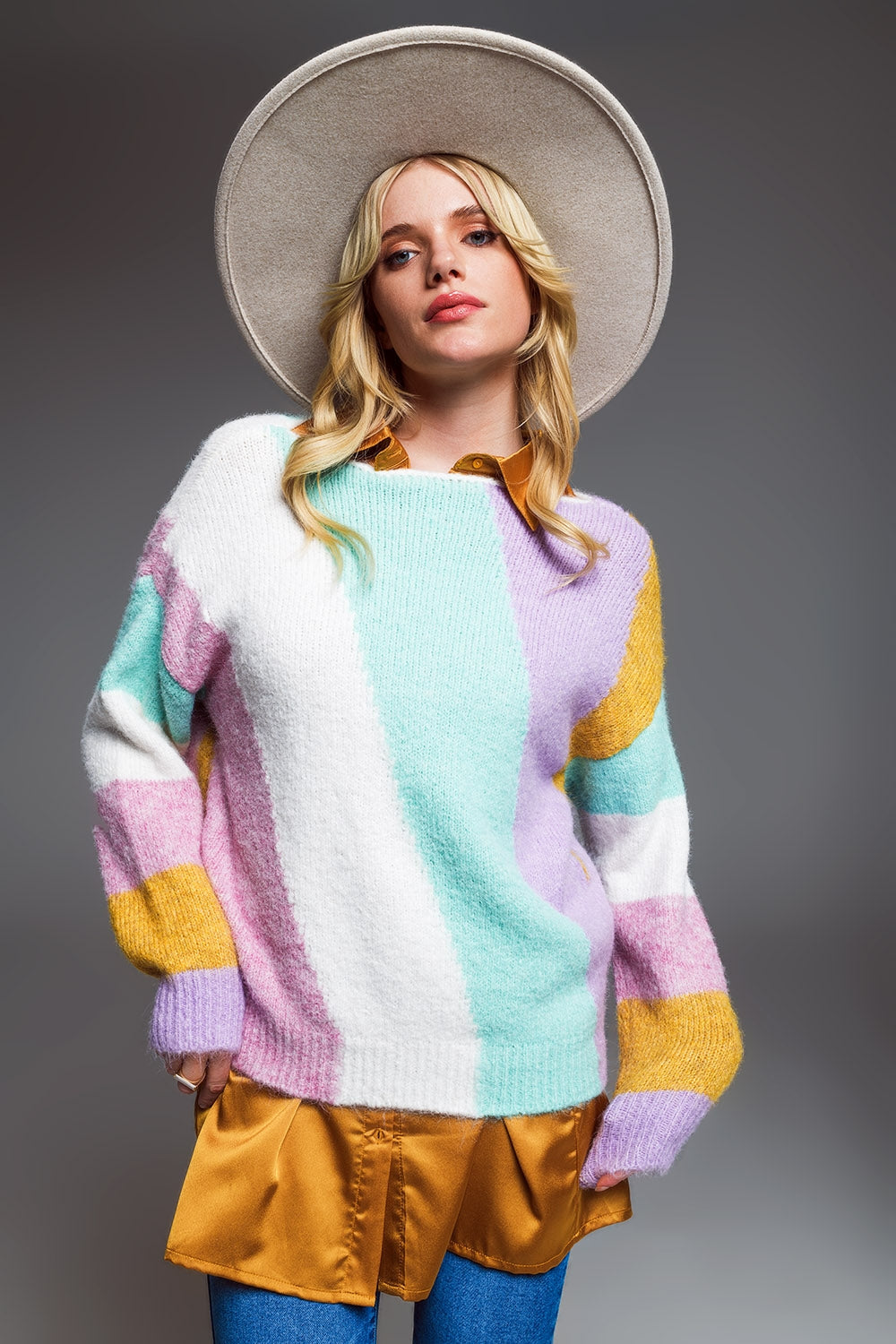 Relaxed Pastel Multicolor Diagonal Stripe Sweater