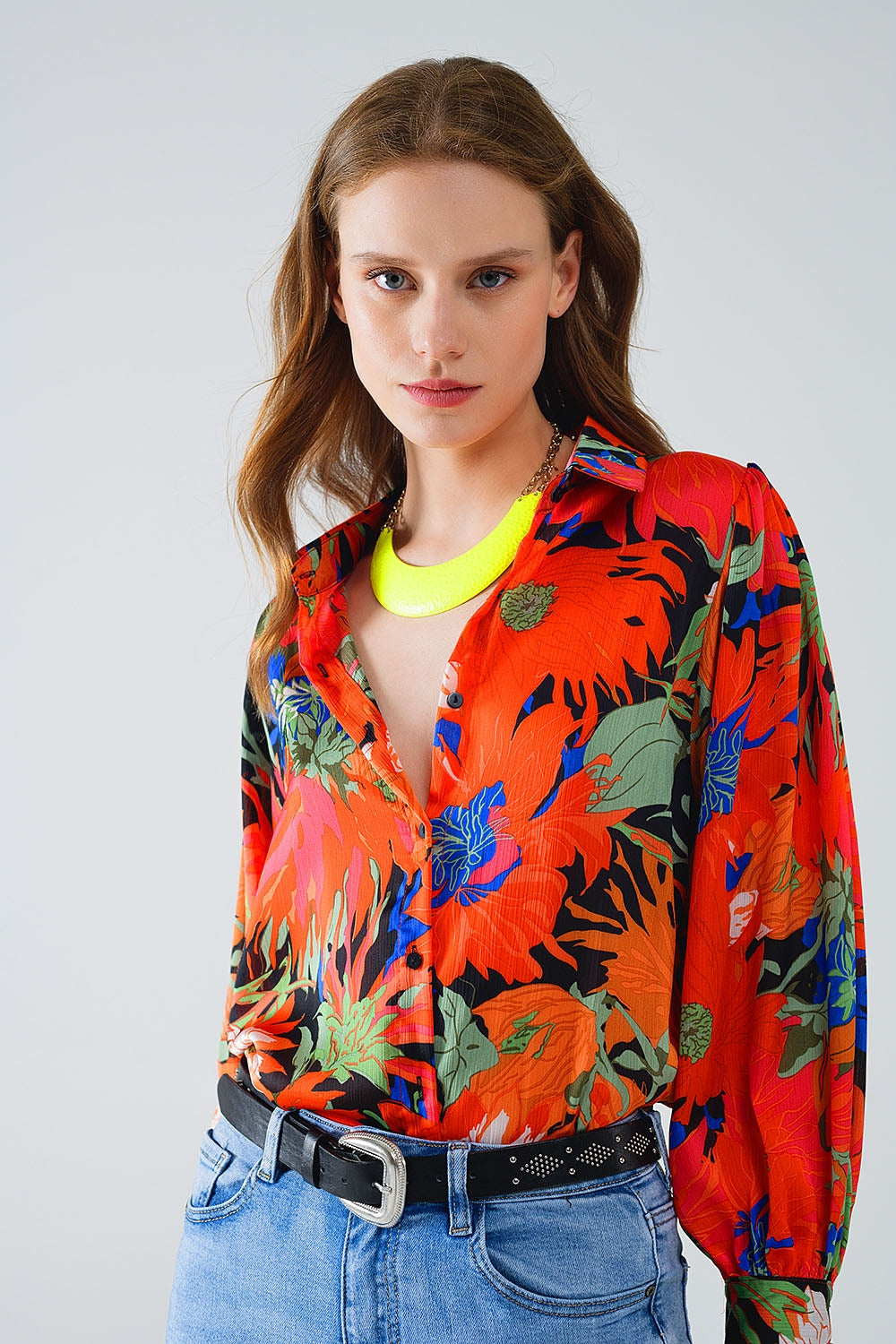 Floral Balloon Sleeves Chiffon Blouse