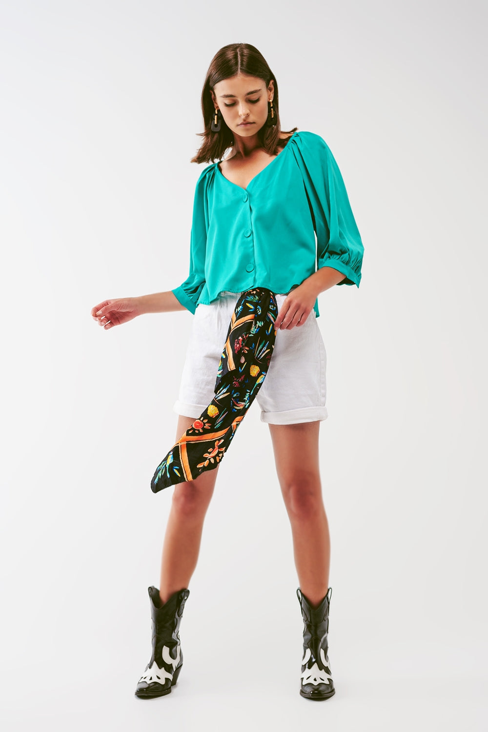 Green Cropped Button Down Shirt