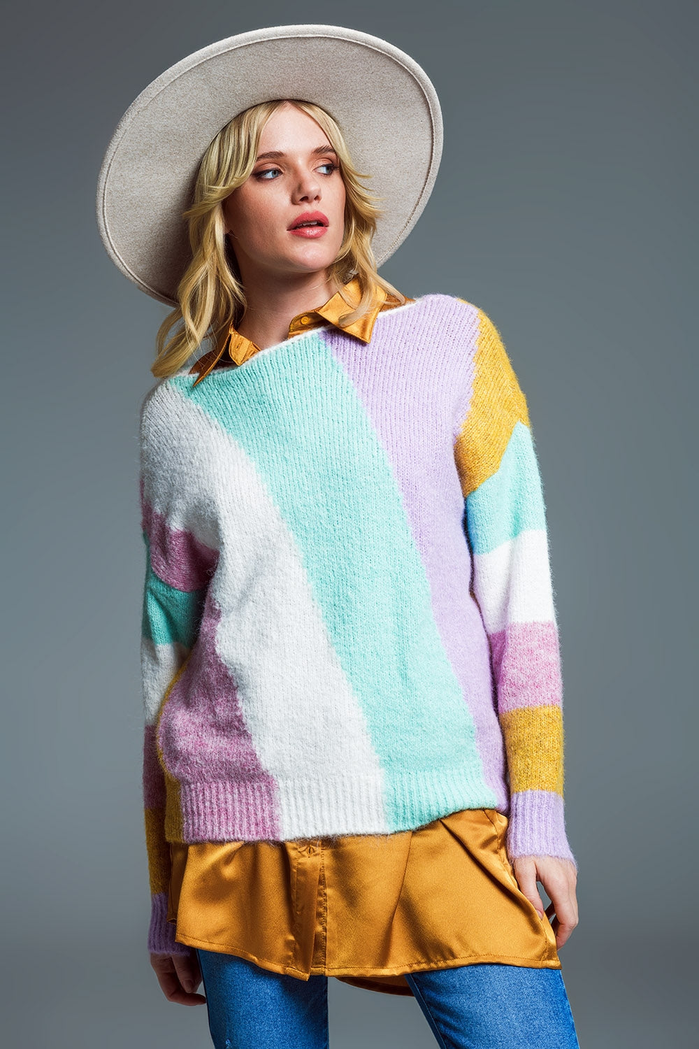 Relaxed Pastel Multicolor Diagonal Stripe Sweater