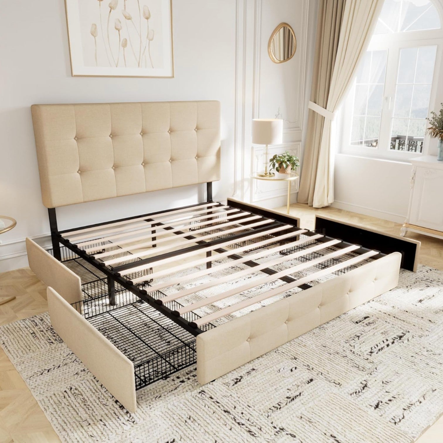 Upholstered Queen Platform Bed Frame with Headboard & 4 Storage Drawers by Allewie