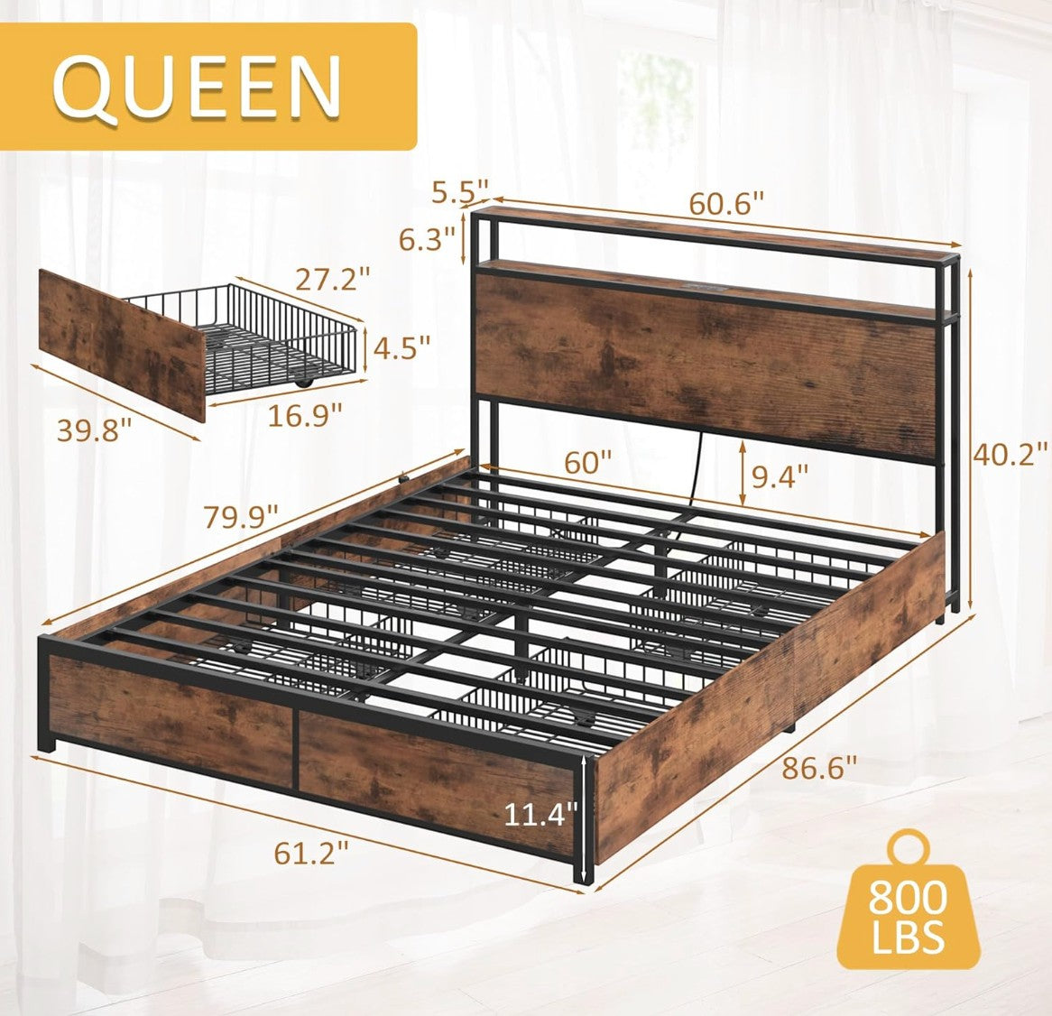 Queen Metal Bed Frame with 2-Tier Storage Headboard by Lifezone