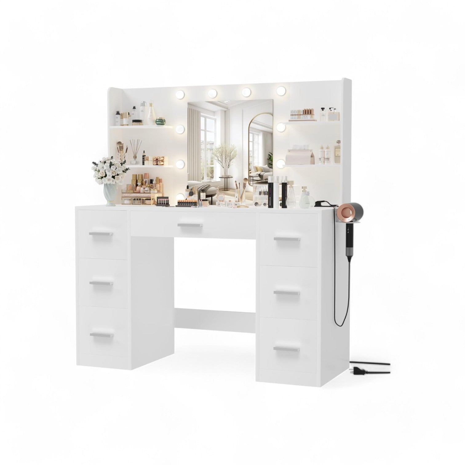 LED Vanity Desk with Mirror & Power Outlet by Furmax