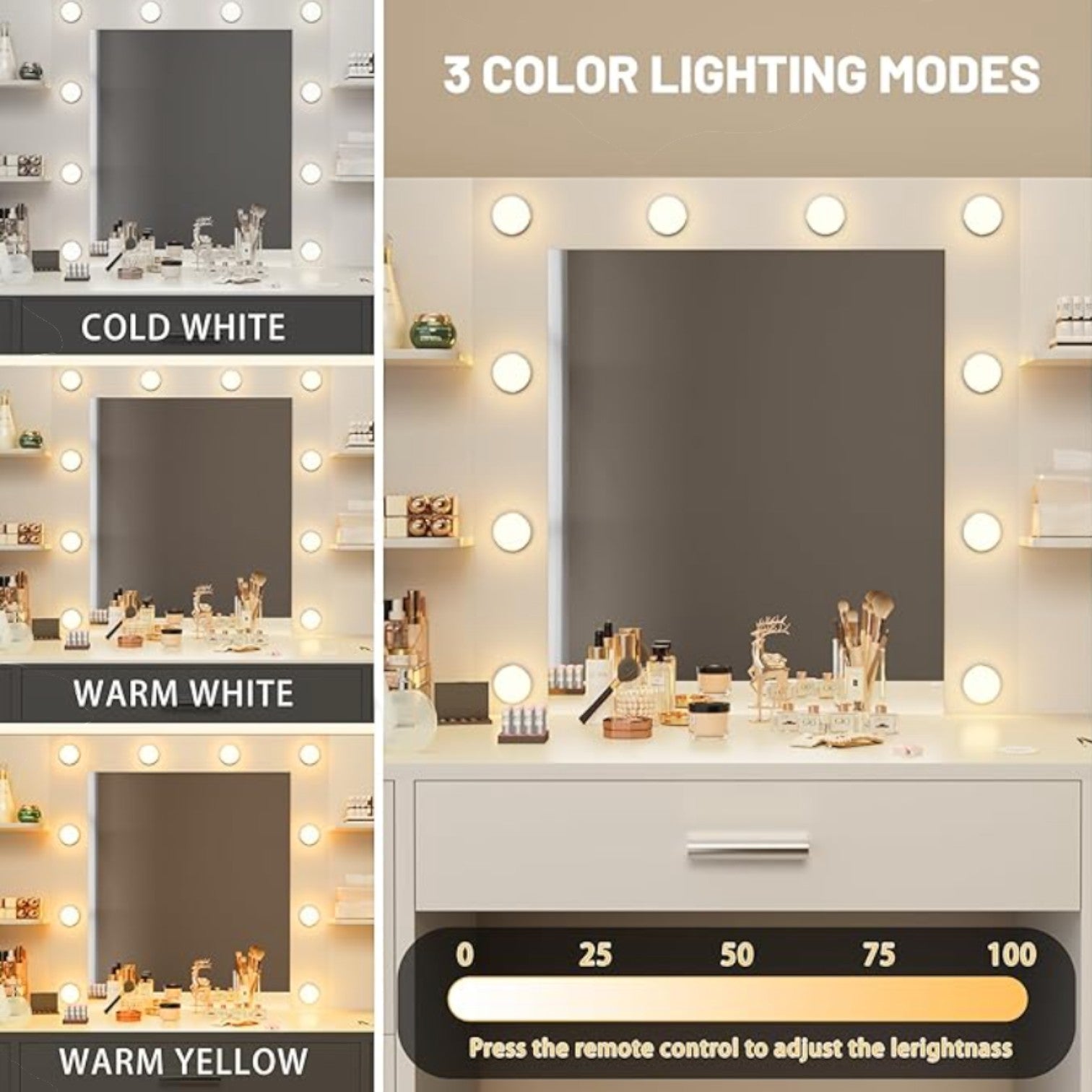 LED Vanity Desk with Mirror & Power Outlet by Furmax