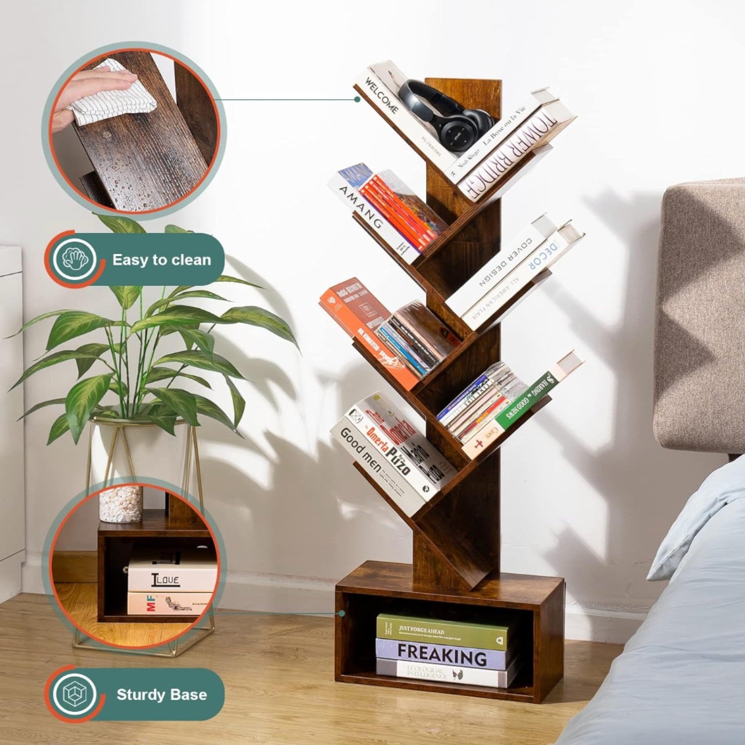 6-Shelf Retro Wood Bookcase by Yoobure