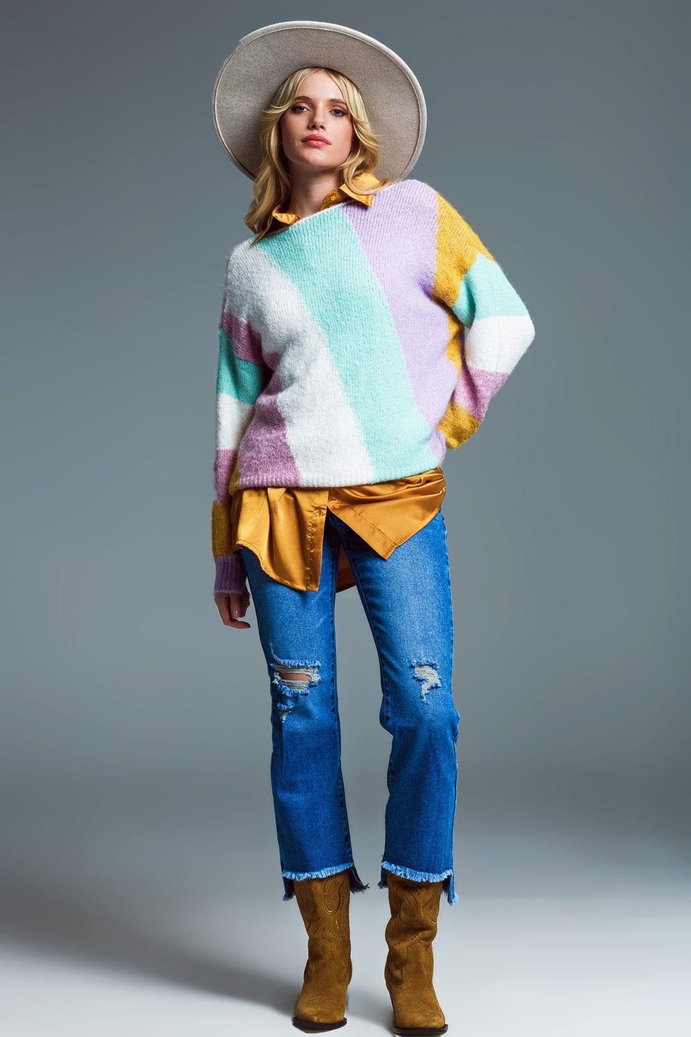 Relaxed Pastel Multicolor Diagonal Stripe Sweater