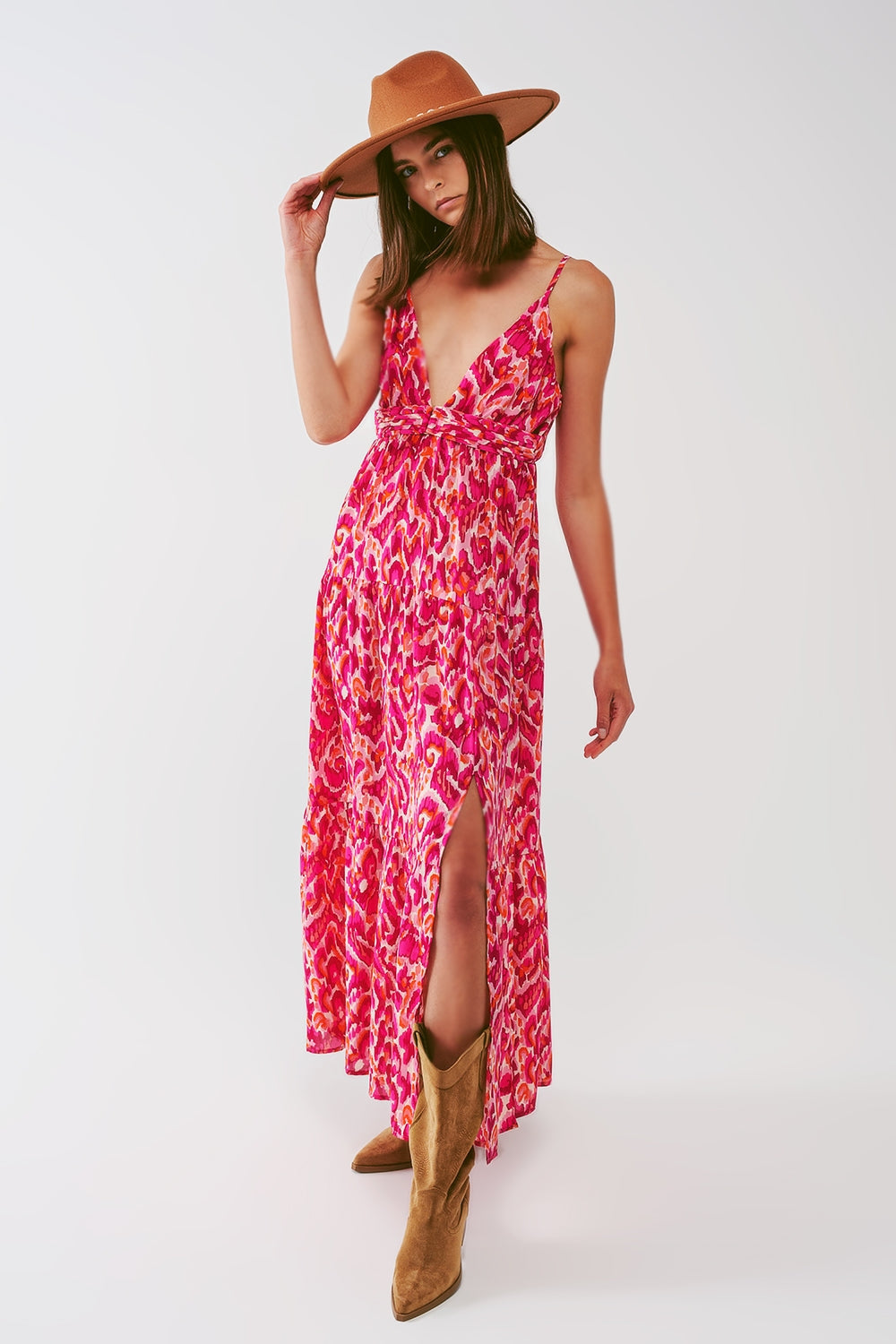 Floral Print Maxi Dress With V Neck in Pink