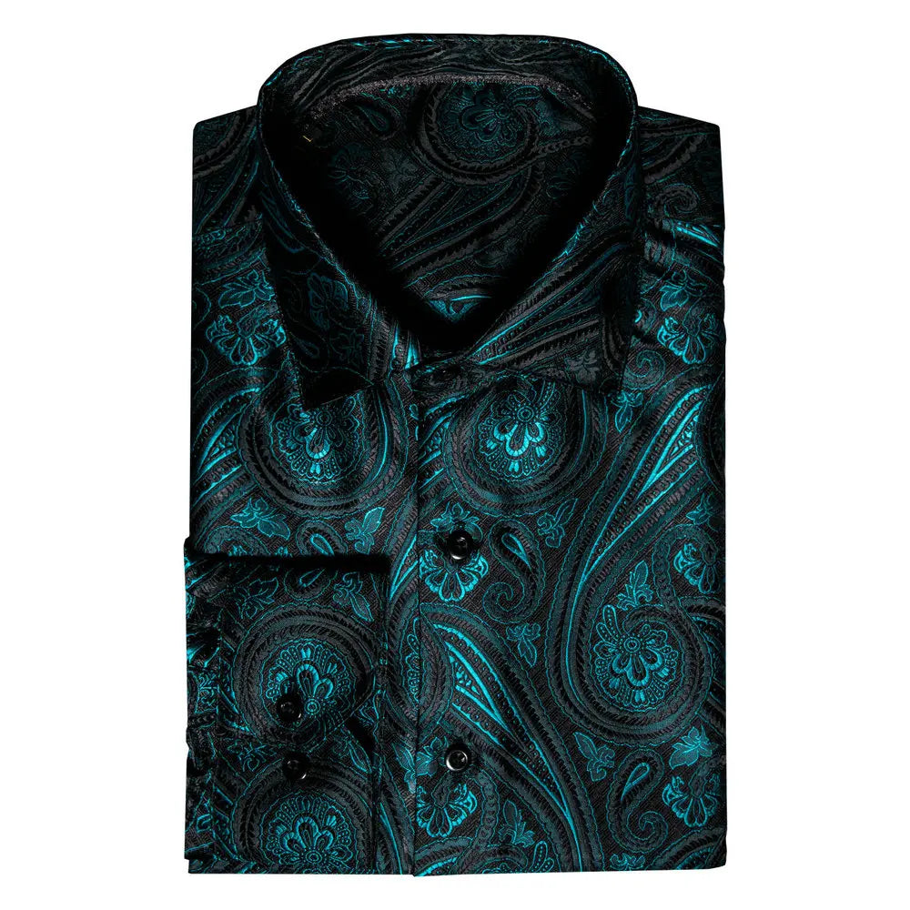 Barry Wang Teal Paisley Floral Silk Shirt