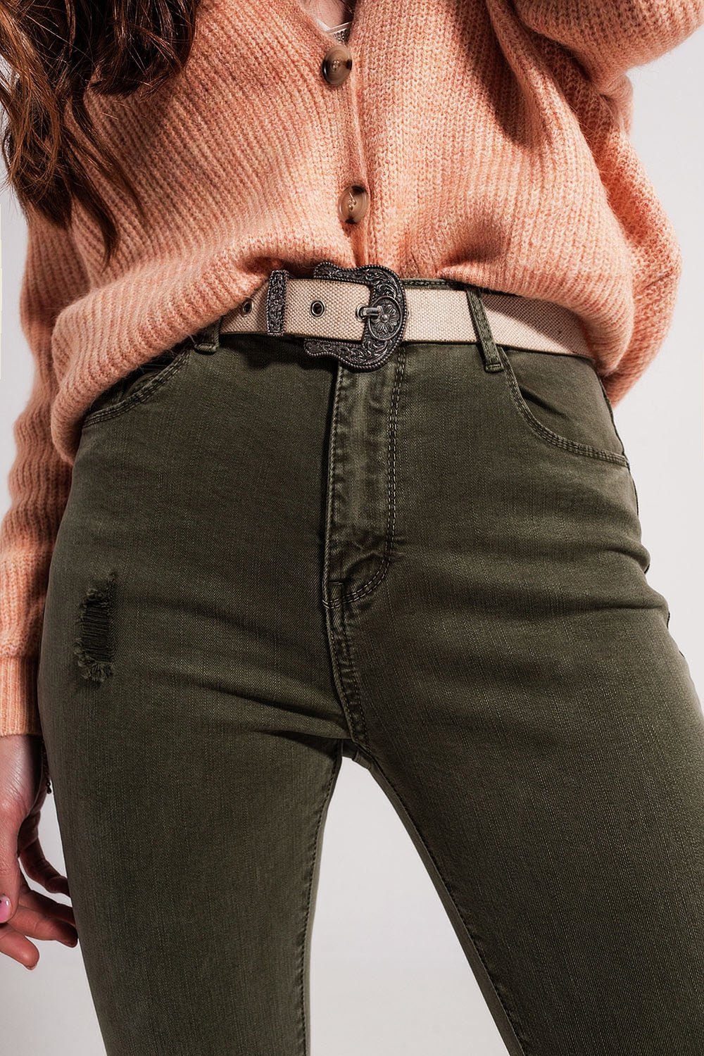 Distressed Skinny Jean | Olive