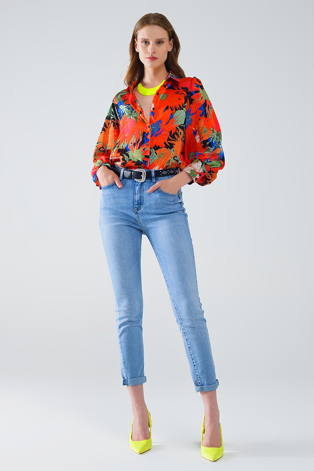 Floral Balloon Sleeves Chiffon Blouse