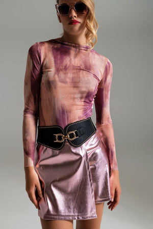 Abstract Pink Rouched Mesh Top