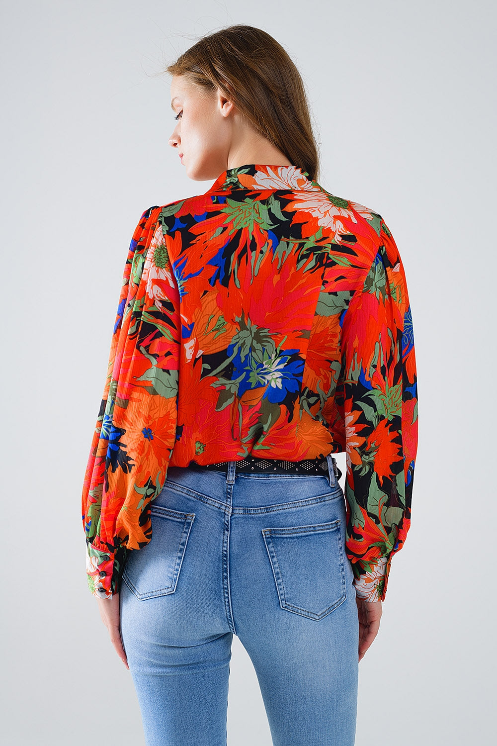 Floral Balloon Sleeves Chiffon Blouse