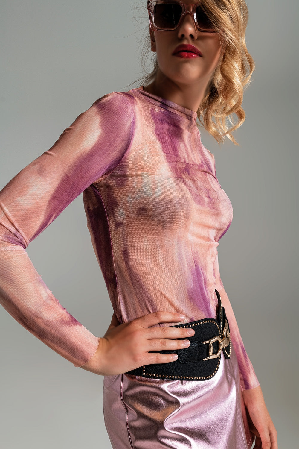 Abstract Pink Rouched Mesh Top